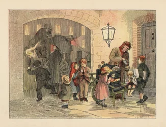 Viktorianska barn äter varma potatisar från potatisgubben. I bakgrunden går människor med paraplyer ombord på en vagn i regnet. Kromolitografi efter en illustration av Francis Donkin Bedford från Edward Verrall Lucas