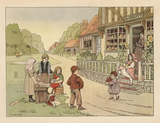 Viktorianska barn utanför byns bageri B. Crusty. Kromolitografi efter en illustration av Francis Donkin Bedford från Edward Verrall Lucas