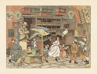 Viktorianska barn som leker med papegojor och kakaduor i en fågelhandlares butik eller djuraffär. Kromolitografi efter en illustration av Francis Donkin Bedford ur Edward Verrall Lucas