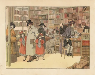 Viktorianska kunder i en bokhandel. Kromolitografi efter en illustration av Francis Dorkin Bedford från Edward Verrall Lucas