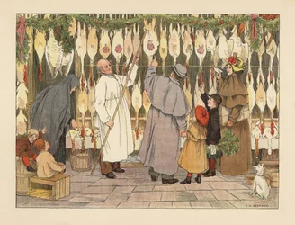Viktoriansk familj väljer en kalkon till jul hos slaktaren. Slaktare i rock med krok tar bort en fågel. Kromolitografi efter en illustration av Francis Donkin Bedford från Edward Verrall Lucas
