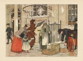 Viktorianska människor postar brev nära juldagen på postkontoret. Kromolitografi efter en illustration av Francis Donkin Bedford från Edward Verrall Lucas