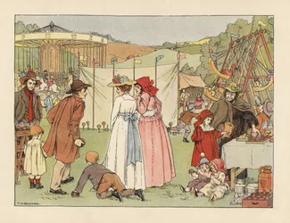 Viktorianska ungdomar vid en kokosnöt, barn på gungor och karusell på en bymarknad. Kromolitografi efter en illustration av Francis Donkin Bedford från Edward Verrall Lucas