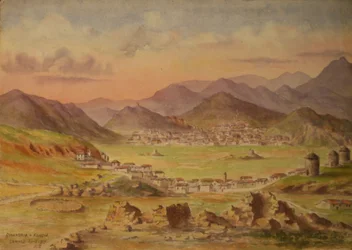 Vy över Smandria och Kondia på ön Lemnos, Grekland, april 1917 (akvarell på papper)