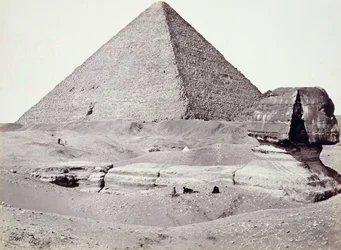 Den stora pyramiden, med sfinxen i förgrunden, El-Geezah