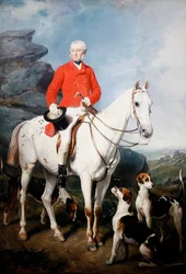 Porträtt av Charles Trelawny, Esq., mästare för Dartmoor Hunt, på sin favorithäst för jakt Grimaldi, med hundarna Conqueror, Lounger och Windermere