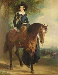 Porträtt av drottning Victoria till häst, med Windsor Castle, hertigen av Wellington och Household Brigade i bakgrunden