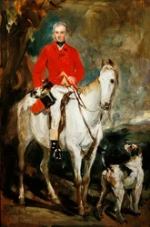 Studie för "Charles Trelawny, Esq., ledare för Dartmoor Hunt, på sin favorithäst Grimaldi, med hundarna Conqueror, Lounger och Windermere", ca 1863