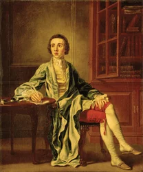 Porträtt av Joseph Henry från Straffan, Co. Kildare, i full längd, sittande vid ett bord och skriver ett brev, i blå rock, gul väst och röda byxor, bredvid en bokhylla