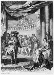 Teaterscenen, ur "Hamlet" av William Shakespeare (1564-1616), graverad av Hubert Gravelot (1699-1773)