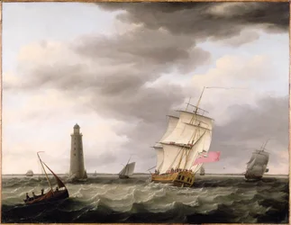 Ett örlogsfartyg passerar Eddystonefyrens fyr, omkring 1773