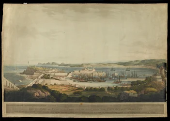 Södervy av Corunna från höjderna nära klostret St. Margaret, graverad av H. Merke, publicerad 1809 (färgad akvatint)