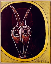 Genomskinlig. Människoansikte och djurhuvud med överlagrat horn, 1900-tal (olja på duk)
