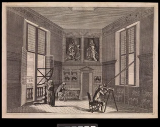 Tre personer använder astronomisk utrustning i Stora stjärnrummet eller Oktagonrummet, som det kallas idag, på Kungliga Observatoriet, ca 1676 (gravyr)