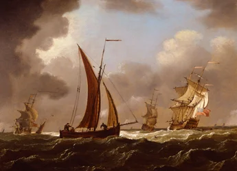Brittiska krigsmän och fiskebåtar i en styv bris (olja ombord)