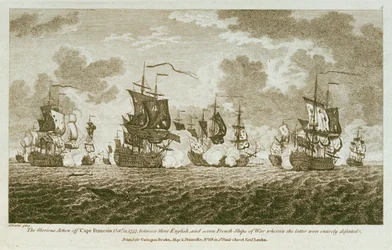Tolv avbildningar av sjöslag. Den ärorika striden utanför Cape Francois den 21 oktober 1757 mellan engelska och sju franska krigsskepp, där de senare besegrades fullständigt. (etsning)