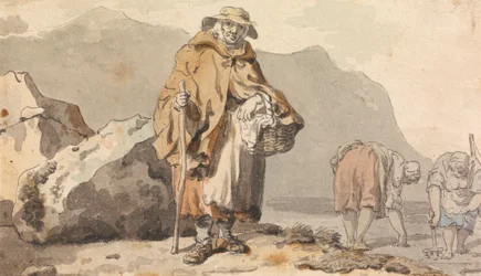 En gammal fiskare med två kvinnor som gräver efter bete