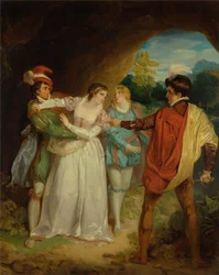 Valentine räddar Sylvia från Proteus, från Shakespeares "The Two Gentlemen of Verona", akt V, Scene 4, Outlaws
