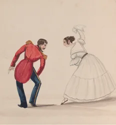 En peruansk man och kvinna som dansar Zamacueca, från en grupp teckningar som visar..., ca. 1848.