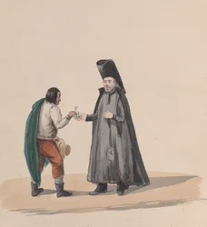 En kanon som överlämnar ett krucifix till en man, från en grupp teckningar som föreställer peruansk dräkt, 1848.