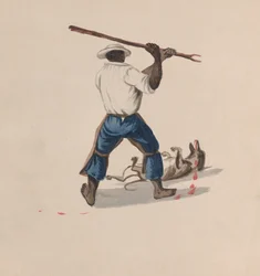 En man sedd bakifrån slå en hund med en käpp, från en grupp teckningar som visar..., ca. 1848
