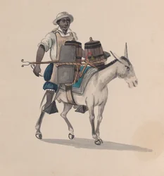 En vattenbärare som rider på en åsna, från en grupp teckningar föreställande peruansk dräkt, ca. 1848.