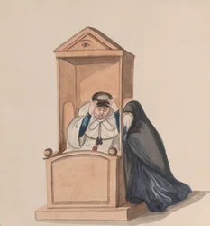 En kvinna som bekänner till en präst, från en grupp teckningar som föreställer peruansk dräkt, ca. 1848.