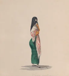 En kvinna som bär ordspråket stående i profil, från en grupp teckningar föreställande peruanska..., ca.184