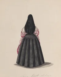 En kvinna som bär saya sedd bakifrån, från en grupp teckningar som visar..., ca. 1848.