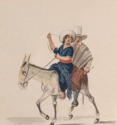 En indisk man och kvinna som rider på en åsna, från en grupp teckningar som föreställer peruanska..., ca. 1848.