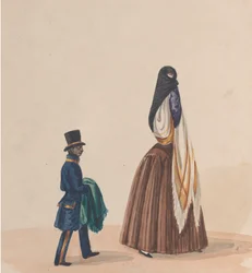 En elegant klädd kvinna och hennes sida, från en grupp teckningar föreställande peruanska..., ca. 1848.