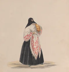 En elegant klädd kvinna, från en grupp teckningar föreställande peruansk kostym, ca. 1848.