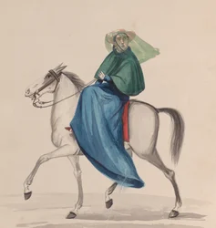 En elegant klädd kvinna till häst, från en grupp teckningar föreställande peruanska..., ca. 1848.