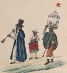 Två musiker och en man bär på huvudet en tupp i bur, från en grupp av..., ca. 1848.