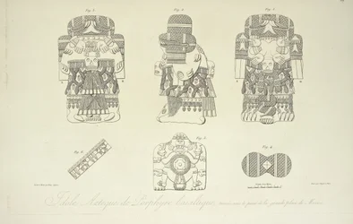 Aztekisk idol av basaltisk porfyr, hittad under Grand Plaza i Mexico City, graverad av Cloquet, illustration från "Views of the Cordilleras and Monuments of the Indigenous Peoples of America" ​​av Alexander von Humboldt och Aime Bonpland