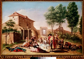 Lunch på landsbygden: ungdomar i borgerligheten spelar picknick. Målning av Francisco Bayeu y Subias