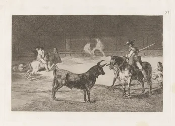 El c?lebre Fernando del Toro, barilarguero, tvingar odjuret med sin stång (Den hyllade Picadoren, Fernando del Toro, drar på det häftiga odjuret med sin piké), skylt 27 från La tauromaquia