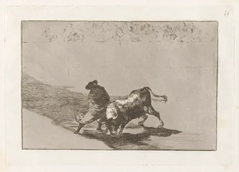 Diestr?sm-studenten av False, präglad retar tjuren med sina raster (The Very Skilful Student of False, Wrapped in his Cape, Trick the Bull with the Play of his Body), Plate 14 från The Tauromachia