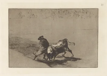 Diestr?sm-studenten av False, präglad retar tjuren med sina raster (The Very Skilful Student of False, Wrapped in his Cape, Trick the Bull with the Play of his Body), Plate 14 från The Tauromachia