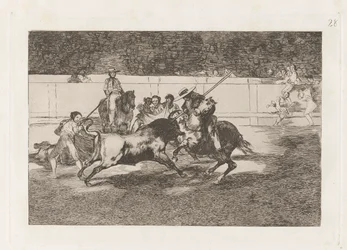 Den ansträngande Rendon som biter en tjur, av vems öde dog han? en la plaza de Madrid (Den kraftfulle Rendon hugger en tjur med pikén, från vilket pass han dog i Madrids ring), skylt 28 från La tauromaquia
