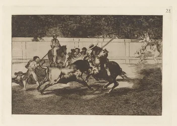 Den ansträngande Rendon som biter en tjur, av vems öde dog han? en la plaza de Madrid (Den kraftfulle Rendon hugger en tjur med pikén, från vilket pass han dog i Madrids ring), skylt 28 från La tauromaquia