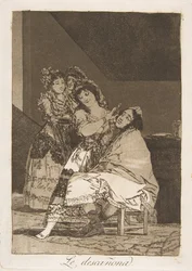 Plåt 35 från Los Caprichos: Hon fleeces honom Le descañona., 1799.
