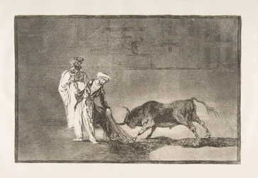 Plansch 6 ur ”Tauromachia”: Morerna utför en annan lek på arenan och lockar tjuren med sin burnus, 1816.
