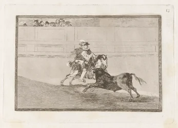 Un caballero espa?ol en plaza quebrando rejoncillos sin auxilio de los chulos (En spansk riddare i ringen bryter korta spjut utan hjälp av assistenter), skylt 13 från La tauromaquia