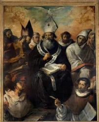 Saint Basil dikterar sin doktrin Saint Basil of Cesaree eller Basil the Great (330-379), munk, eveque av Cesaree of Cappadocia, läkare i kyrkan. Målning av Francisco Herrera (1585-1657) (ec.esp.) 1639 Sön. 2,43x1,94 m