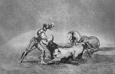 En spansk riddare dödar tjuren efter att ha förlorat sin häst, skylt 9 på "The Art of Bullfighting", pub. 1816 (etsning)