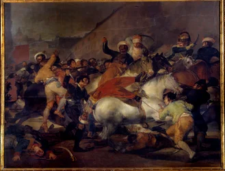 El dos de Mayo (2 maj) eller "" Mamlukernas anklagelse"": revolt mot Joseph Bonaparte (bror till Napoleon I) i Madrid den 2/05/1 Målning av Francisco de Goya och Lucients (1746-1828). 1814. Sön. 2,66x3,45 m Madrid. Ängsmuseet.