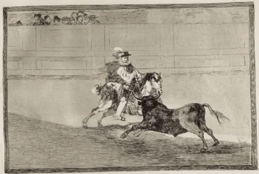 En beriden spansk riddare bryter korta lansar på arenan utan hjälp av assistenter. 1816. Spanien. Madrid (autonom region). Madrid. Nationalbiblioteket