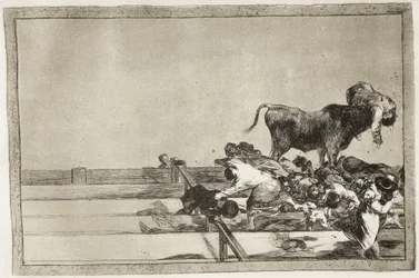 Fruktansvärda händelser på de främsta raderna i arenan i Madrid och borgmästaren i Torrejóns död 1801. 1816. Plansch 21 ur "Tjurfäktningens konst". Spanien. Madrid (autonom region). Madrid. Nationalbiblioteket