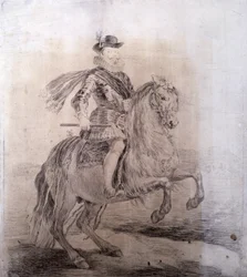 GOYA Y LUCIENTES, Francisco de (1746-1828). Ridsporträtt av Filip III av Spanien. 1778. PHILIP III av Spanien (1578-1621). kung av Spanien (1598-1621). Rita kopior av Velazquez-målningar. Barockkonst. Teckning. SPANIEN. MADRID (AUTONOMA GEMENSKAPEN). Galen